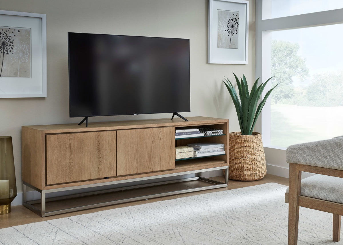 One - Coastal Modern TV Console - Brushed Stainless Steel And Bisque