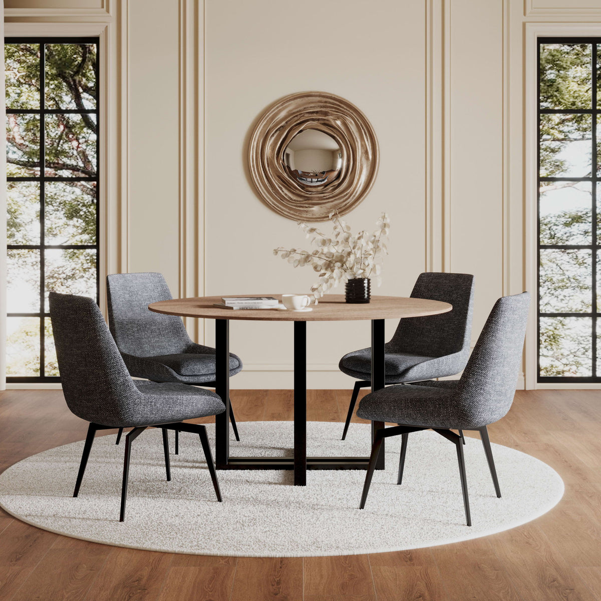 Ceo - Wood Pattern Round Sintered Stone Dining Table - Gunmetal And Washed Oak