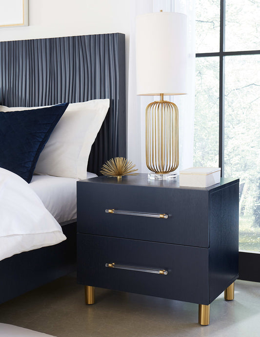 Argento - Two Drawer USB Charging Nightstand - Navy Blue And Burnished Brass