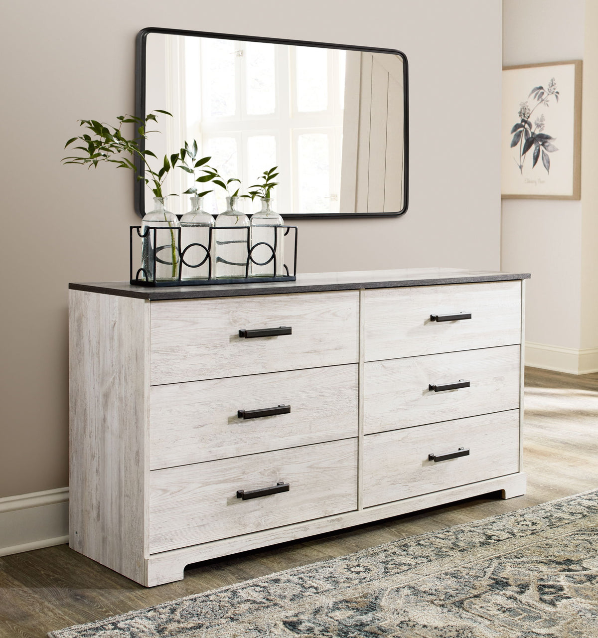 Shawburn - Six Drawer Dresser - Pewter-tone pulls - White / Black / Gray