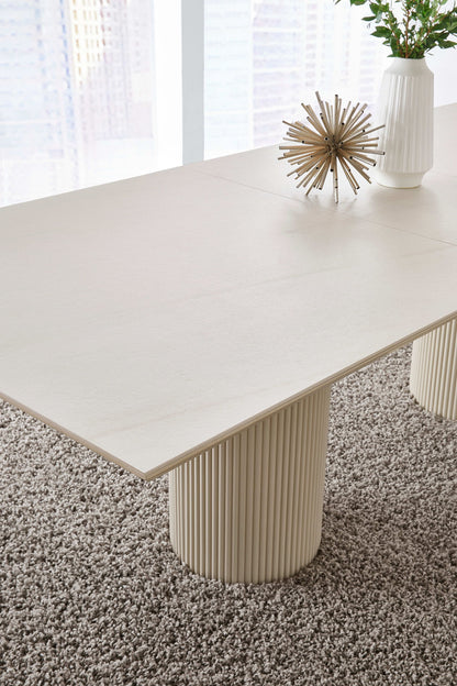 Crossroads 2.0 - Cannon Stone Top Double Pedestal Extension Dining Table With Wood Base - Ivory