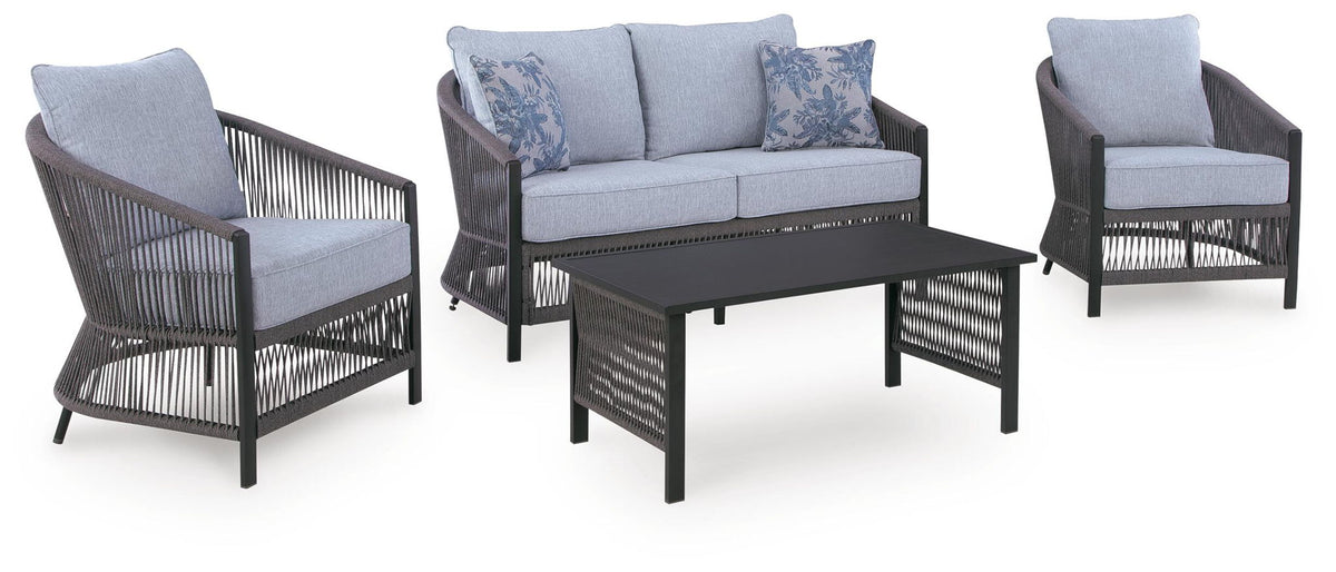Bridges Beach - Loveseat, Lounge Chairs, Table Set (Set of 4) - Gray