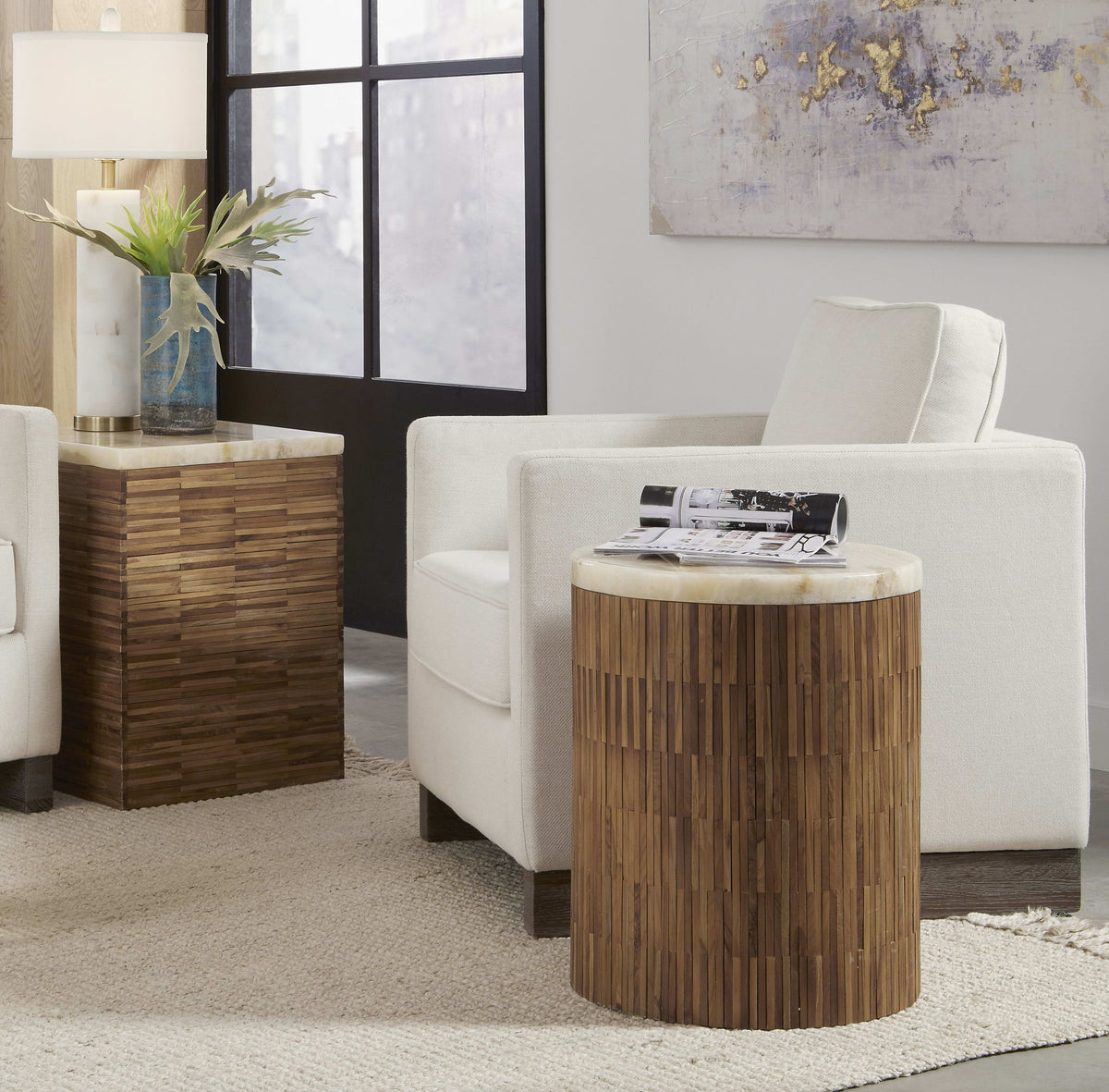 One - Stone Wood Tile Round End Table - Onyx And Solid Teak
