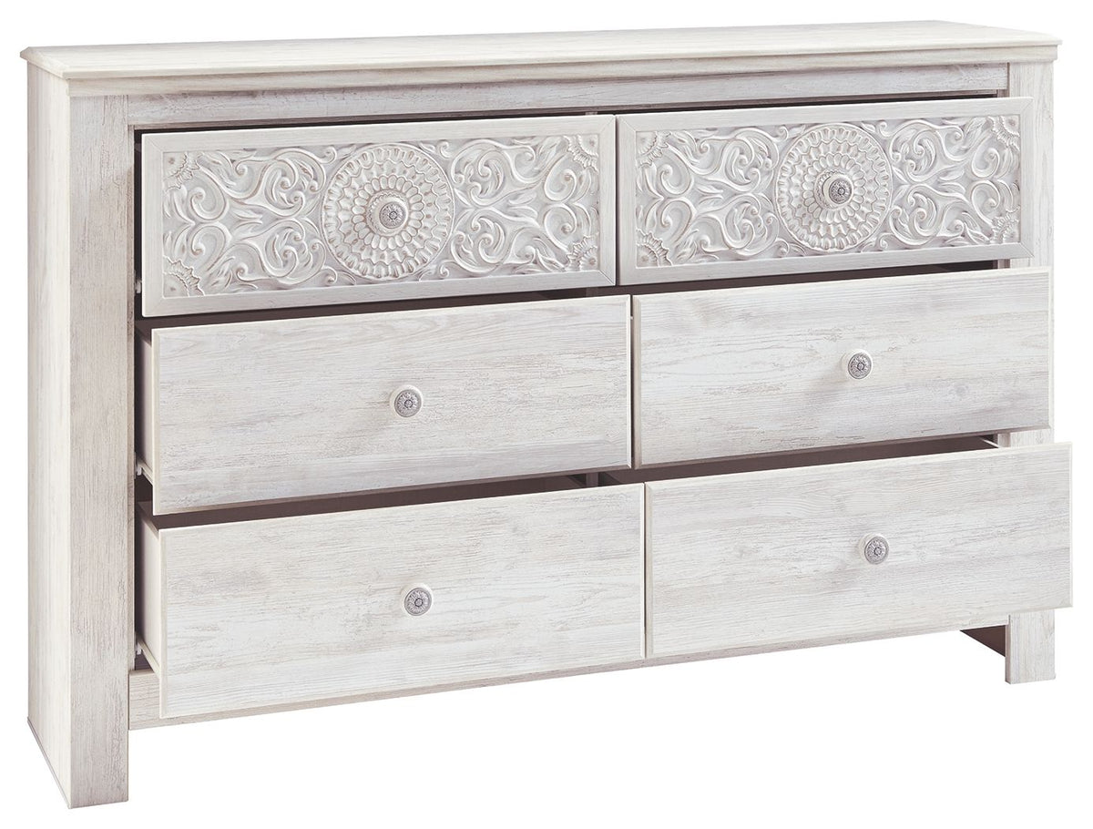 Paxberry - Six Drawer Dresser - Medallion Drawer Pulls - Whitewash