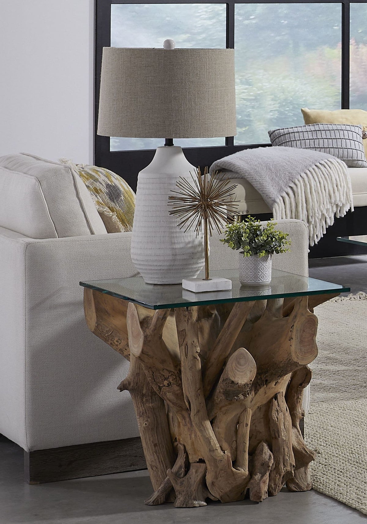 One - Solid Teak Root Glass Top Table
