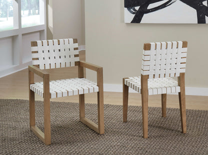 One - Woven Leather And Solid Wood Dining Arm Chair - White And Bisque