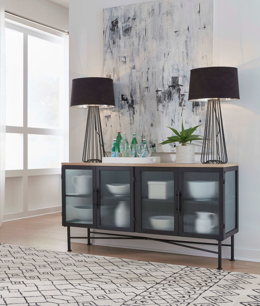 Aere - Four Door Ribbed Glass, Metal And Wood Sideboard - Natural Ash And Black
