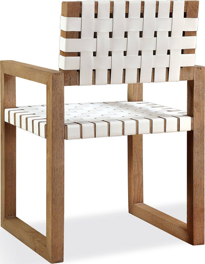 One - Woven Leather And Solid Wood Dining Arm Chair - White And Bisque