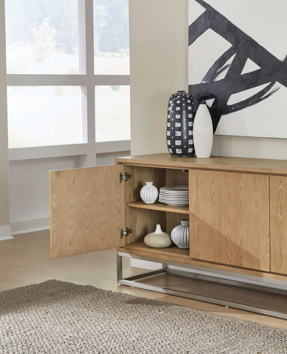 One - Modern Coastal Metal Base Sideboard - White Oak And Brushed Stainless Steel