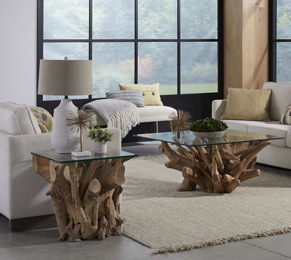 One - Solid Teak Root Glass Top Table