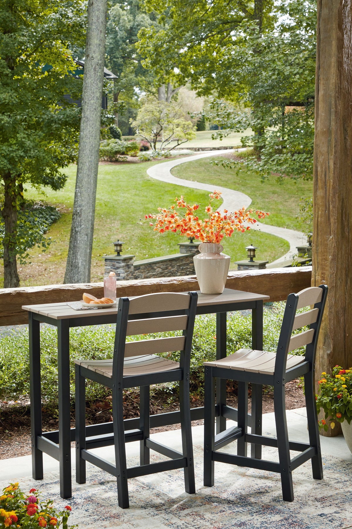 Shoreline Beach - Outdoor Counter Table And 2 Barstools (Set of 3) - Black / Beige