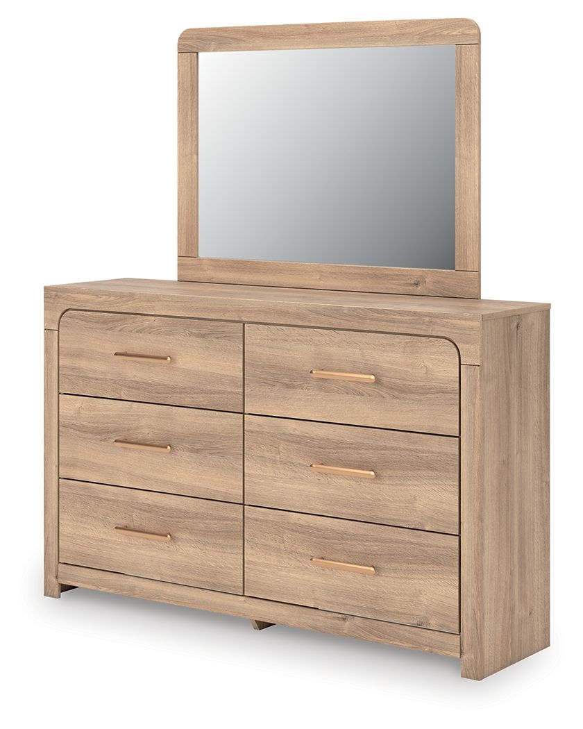Kinlanni - 3 Pc. - Queen Upholstered Panel Bed, Dresser And Mirror - Tan
