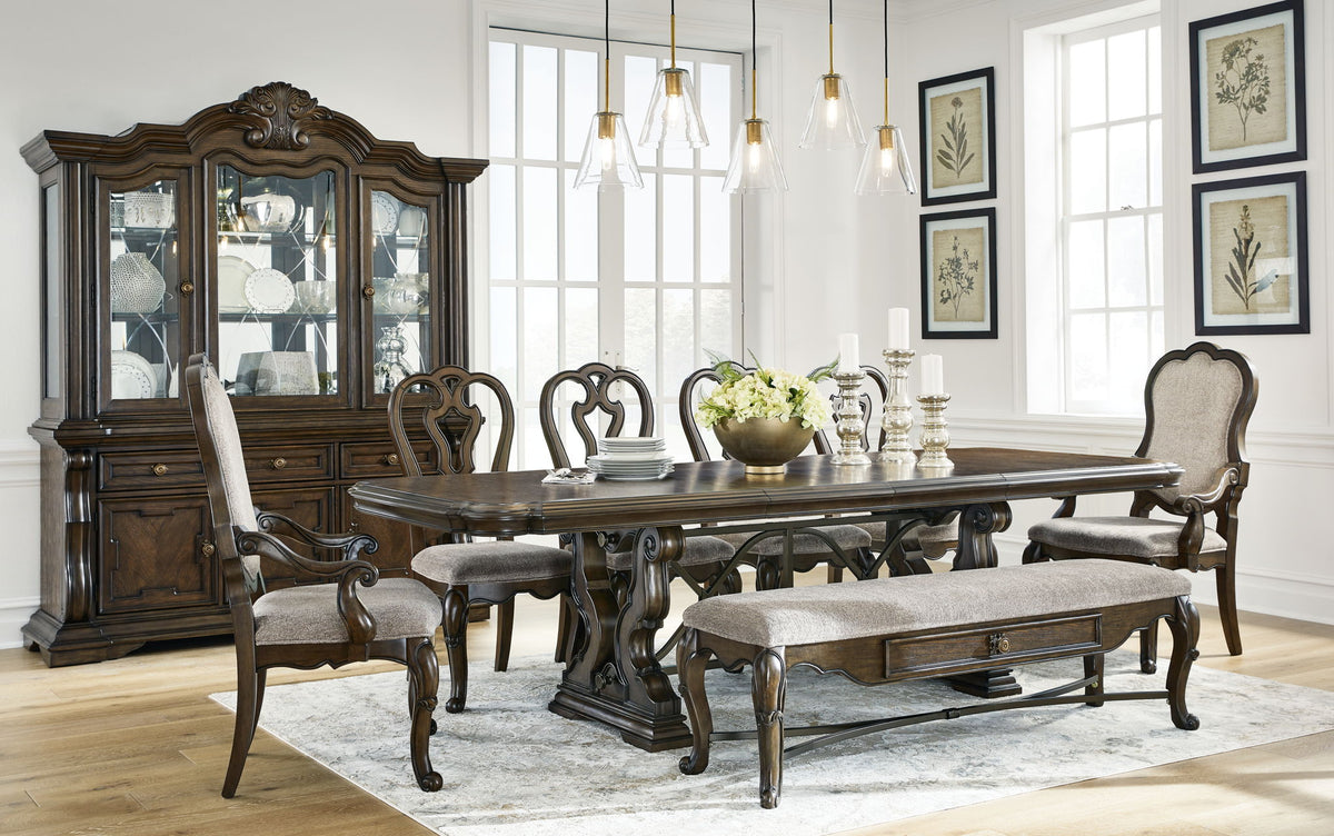 Maylee - 11 Pc. - Dining Extension Table, 4 Side Chairs, 2 Arm Chairs, Storage Bench, Buffet And Hutch - Dark Brown